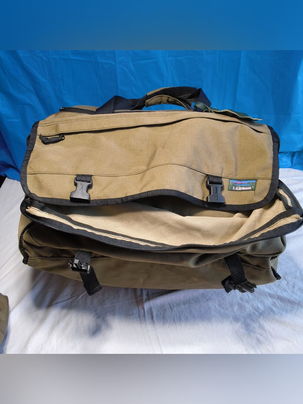 Vintage L.L. Bean Brown Canvas Duffle Bags Weekender Travel Gear Retro Blue Logo - Picture 10 of 16